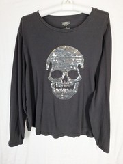 Celebrity Pink Sequin Skull Top Black Long Sleeve Bling Goth Plus Size 2X Shirt