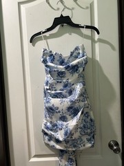 Women’s S White/Blue Floral Spaghetti Strap Sleeveless Mini Dress w/ Bow