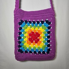 Unique Handmade Crochet Rainbow GrannySquare Purple Crossbody Bag Lined Zip Boho