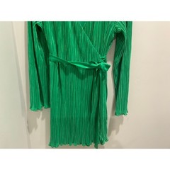 Glamorous Green Pleated Wrap Dress Long Sleeve Tie Waist Mini