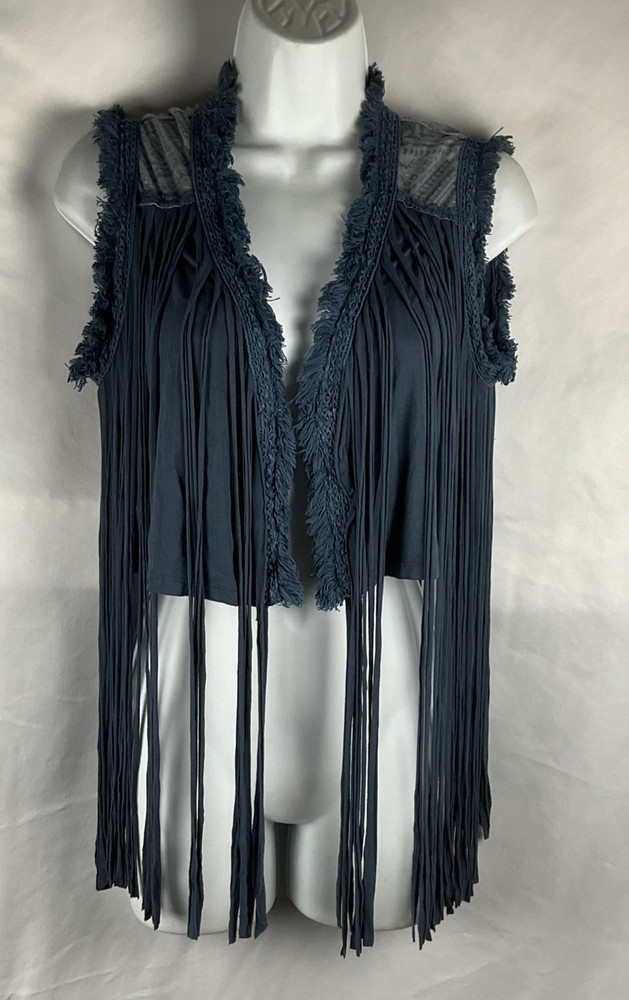 POL Women’s Small Steel Blue Frayed Fringed Vest Southwest Design Shirt Top