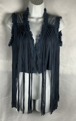 POL Women’s Small Steel Blue Frayed Fringed Vest Southwest Design Shirt Top