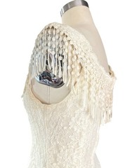 Y2K 90s Lace Midi Dress Sheer Pleated Pearl Beaded Fringe Cottagecore Bridal