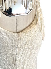Y2K 90s Lace Midi Dress Sheer Pleated Pearl Beaded Fringe Cottagecore Bridal
