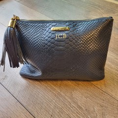 GiGi New York Black Python Embossed Leather Tassel Clutch Monogram JCB