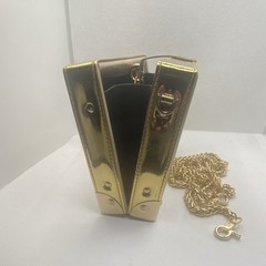 Gold Polished Metal Box Crossbody Bag w/ Detachable Chain Strap, Studs, Latch