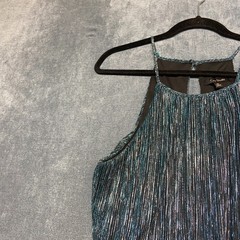 City Studio Fit & Flare Dress Womens XL Teal Black Metallic Ruffled Sash Halter