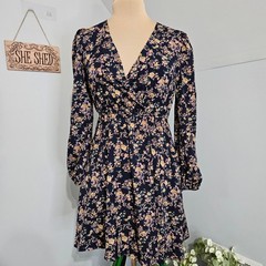 New Cupshe Dress Womens XS Blue Ditsy Floral Mini Elastic Waist Wrap Neckline