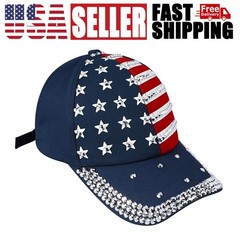 Navy Blue Sparkle Bling Rhinestone Patriotic American Flag Baseball Hat Cap US