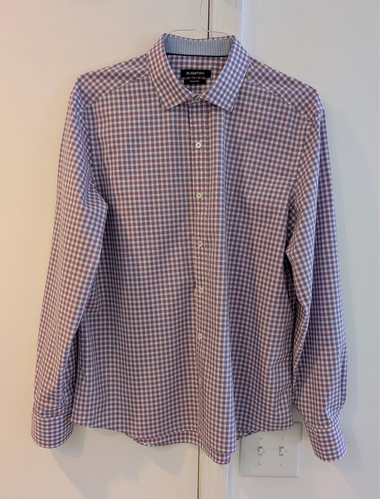 Bugatchi Button-Up Shirt Blue Light Red Purple Check Mens XL Shaped Fit
