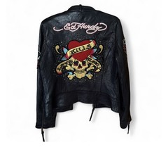VINTAGE Y2K RARE ED HARDY GENUINE LEATHER JACKET BLACK SIZE MEDIUM