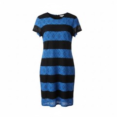 London Times Lace Shift Dress 16 Blue Black Stripe Cap Sleeve Lined Zip Back