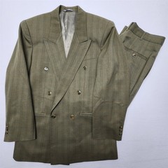 Vtg Old Money 38S 30×30 Olive Green Check Wool Blend Double Breasted Mens Suit
