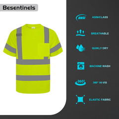 Hi Vis Shirts for Men & Women, Short Sleeve Class 3 High Visibility Safety Shirt