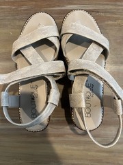 Boutique by Corkys Beige Strappy Wedge Sandals Faux Leather Size 8 Hook & Loop