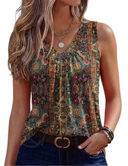 Womens Tank Tops Summer Sleeveless Loose Fit Tops V Neck Pleated Floral Shirt…