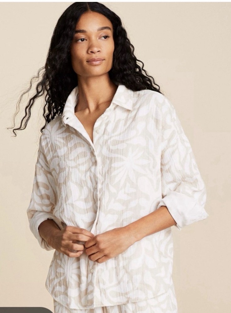 Lou & Grey Beige White Abstract gauze Print Button Front Shirt Large 100% Cotton
