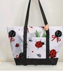 Lovely Ladybug Print Multipurpose Bag , Zippered, Outside Pocket,