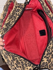 Leopard Print Satchel Top Handle Bag Tan/Black Zip, Detachable Strap, Red Lined