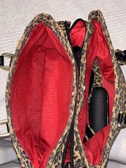 Leopard Print Satchel Top Handle Bag Tan/Black Zip, Detachable Strap, Red Lined