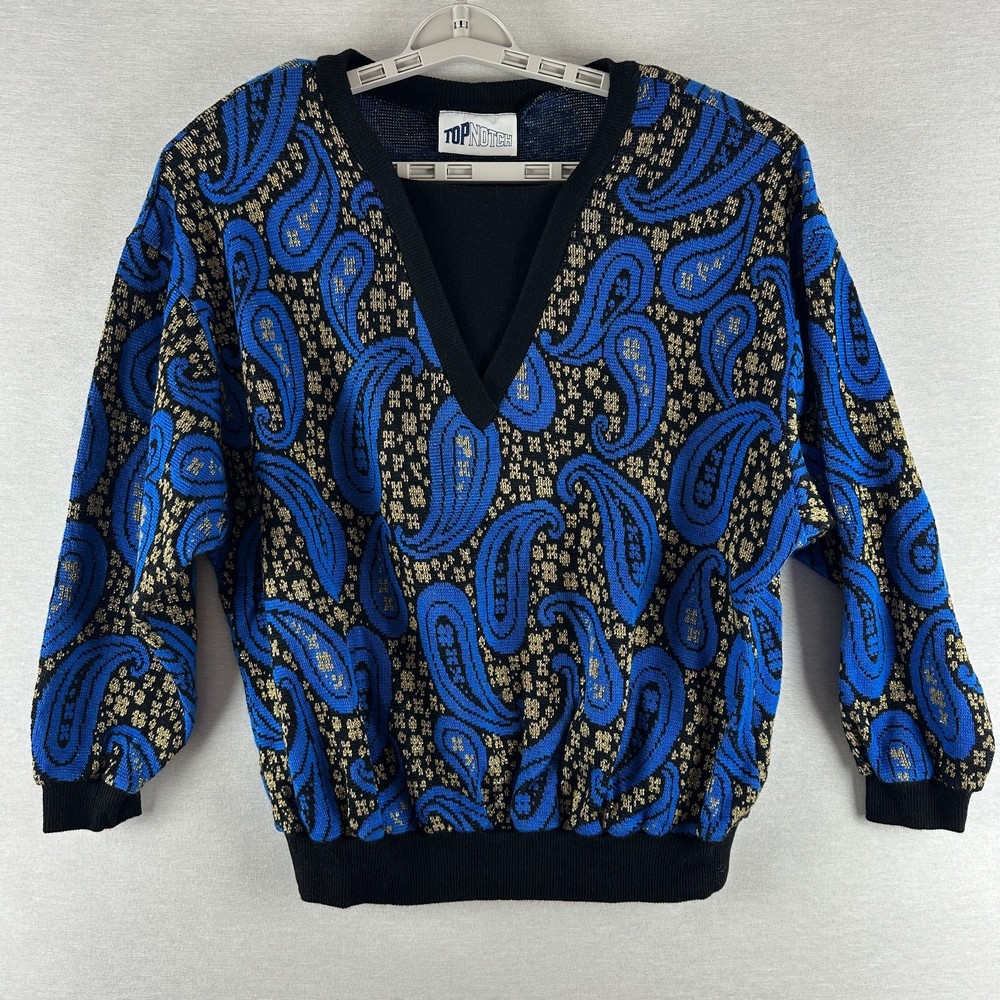 TOP NOTCH WOMEN’S VINTAGE PULLOVER SWEATER BLUE, BLACK & GOLD PAISLEY DESIGN XL