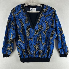 TOP NOTCH WOMEN’S VINTAGE PULLOVER SWEATER BLUE, BLACK & GOLD PAISLEY DESIGN XL