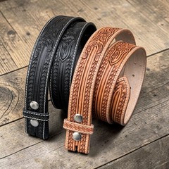 Western Handmade Leather Belt Tooled Embossed Full Grain Leather Strap No Buckle