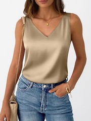 Women Silk Satin Tank Top V Neck Sleeveless Summer Blouse Business Casual Top
