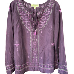 Sigrid Olsen Signature Size M Aubergine 100% Silk Embroidered Long Sleeve Top