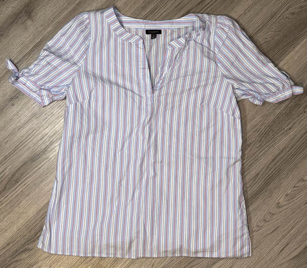 Talbots Women’s Size S Short Tie Sleeve Top Vertical Stripe 100% Cotton Blouse