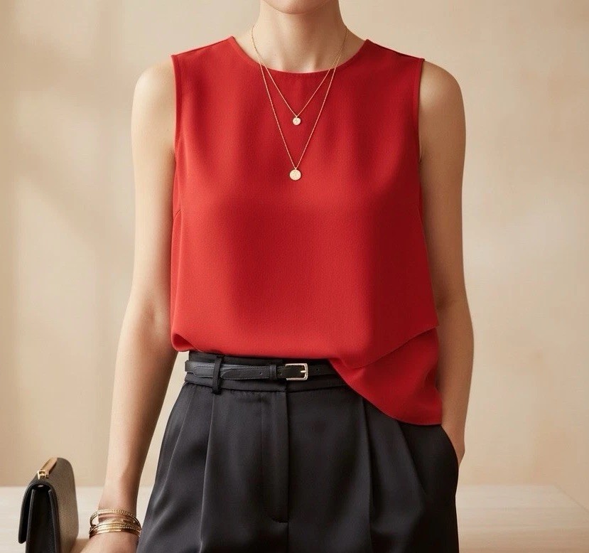 Chico’s Clarissa Crepe Tulip Hem Sleeveless Blouse Tank Top Red 3P XL