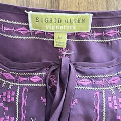 Sigrid Olsen Signature Size M Aubergine 100% Silk Embroidered Long Sleeve Top