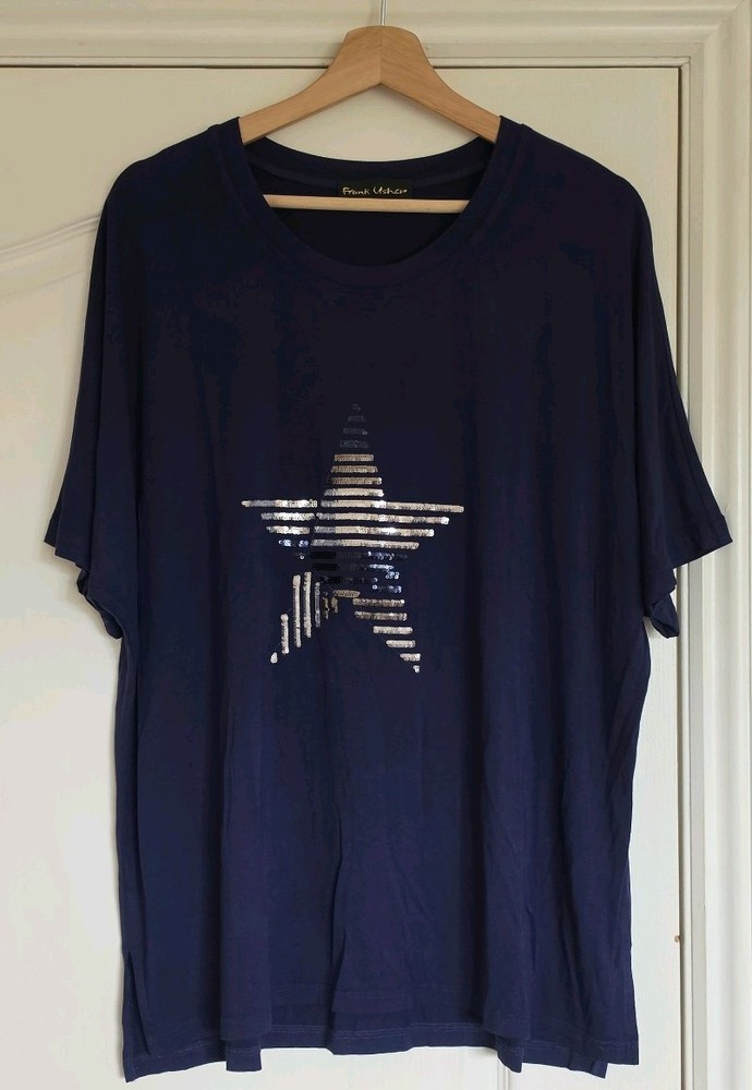 Frank Usher Short Sleeve Sequin Star Relaxed Jersey Top T-shirt, Navy, Size S/M