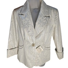 Cole Haan Ivory Silver Print Jacket Sz8 Silver Threaded Floral single button