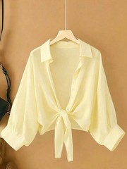 Women Oversized Shirt Collar Bishop Half Sleeve Casual Knot Blouse Long Top