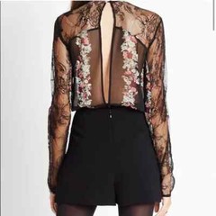 BCBGeneration Romper Clubwear Long Sleeve Floral Sheer Lace Black/Muti Size 0