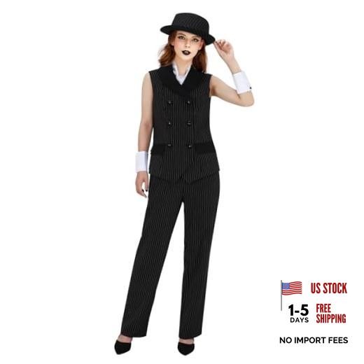 Women 1920s Gangster Costume Vest Pants Hat Pinstripe Suit Roaring 20s Medium
