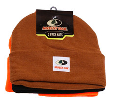 Mossy Oak Men’s One Size Orange Black Brown Cuff Beanie Hats 3 in Package