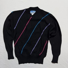 Vintage 80s Diagonal Stripe 100% Wool Crewneck Sweater Black Neon Pink Blue S