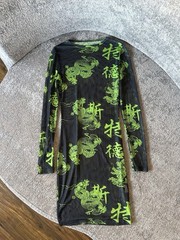 Neon Green Dragon Mesh Dress Womens Small Long Sleeve Bodycon Y2K Rave Cyber
