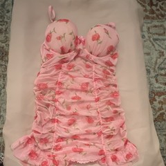 Women’s Pink Floral Mesh Ruched Bustier Top Size S, Adjustable Straps Bow