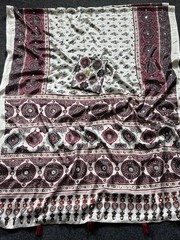 Semi Model Silk Ajrakh Print Saree Real Mirror Work Pallu Tassel Pompom Blouse