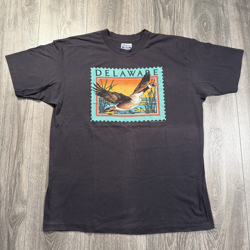 Vintage 80s DELAWARE Duck Goose STAMP SINGLE STITCH T-SHIRT Size XL BLACK USA