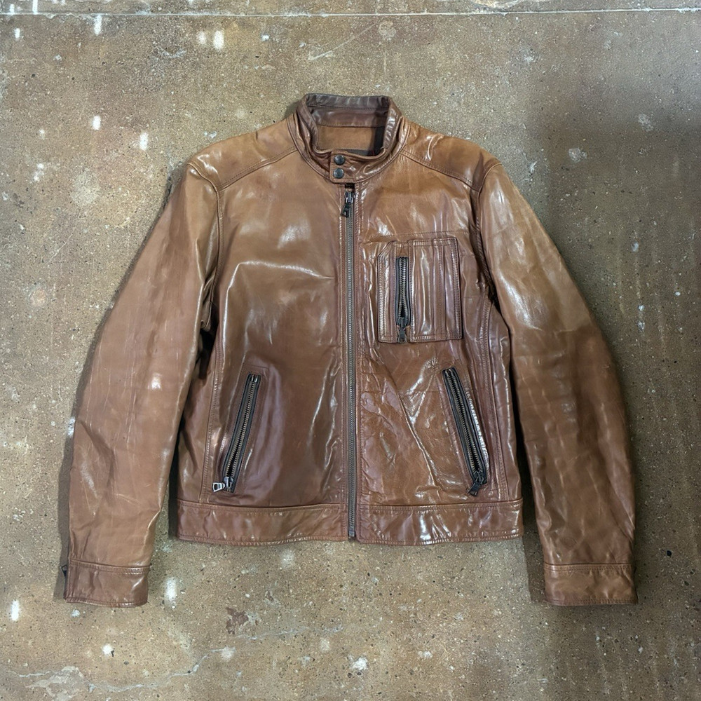 GAS Mens Brown Leather Biker Jacket XL Full Zip Button Band Collar