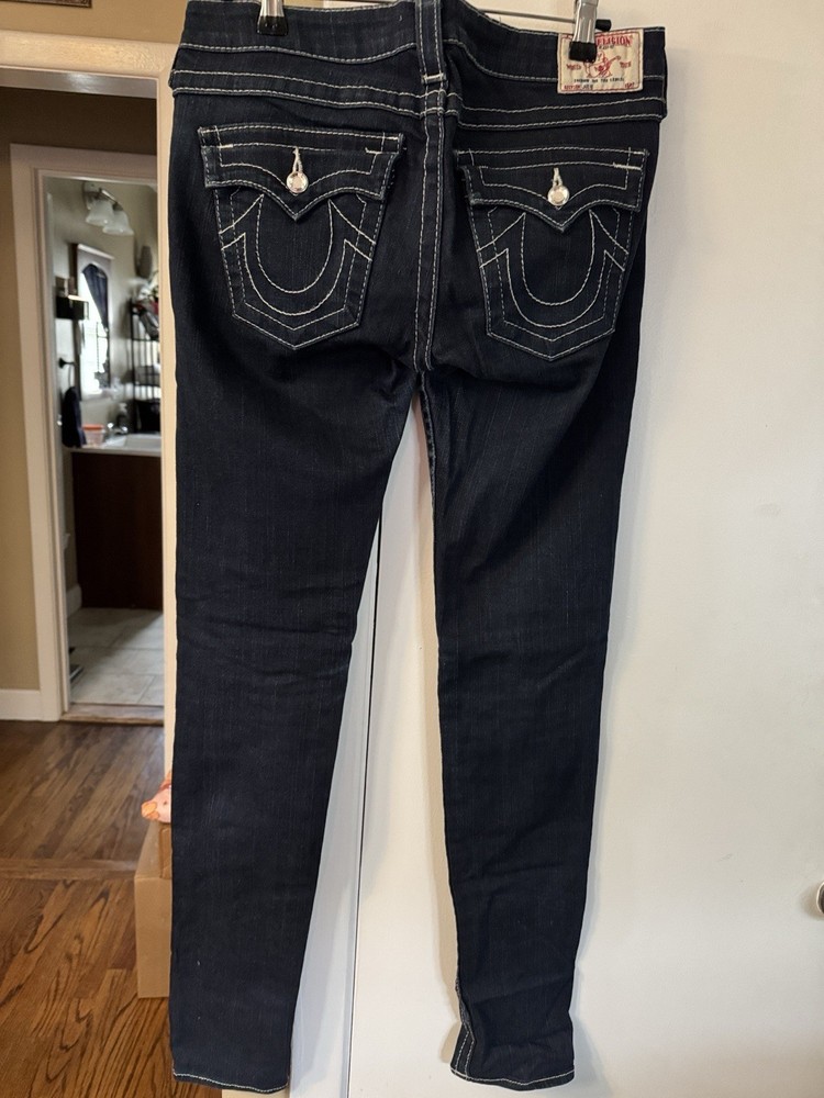 True Religion World Tour Womens Skinny Jeans Dark Wash Low Rise Denim Sz 25