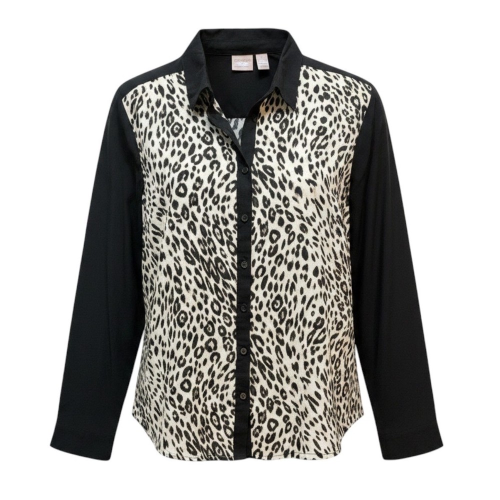 Chico’s Leopard Print Button Down Sheer Blouse Black Long Sleeve Women’s XL (3)