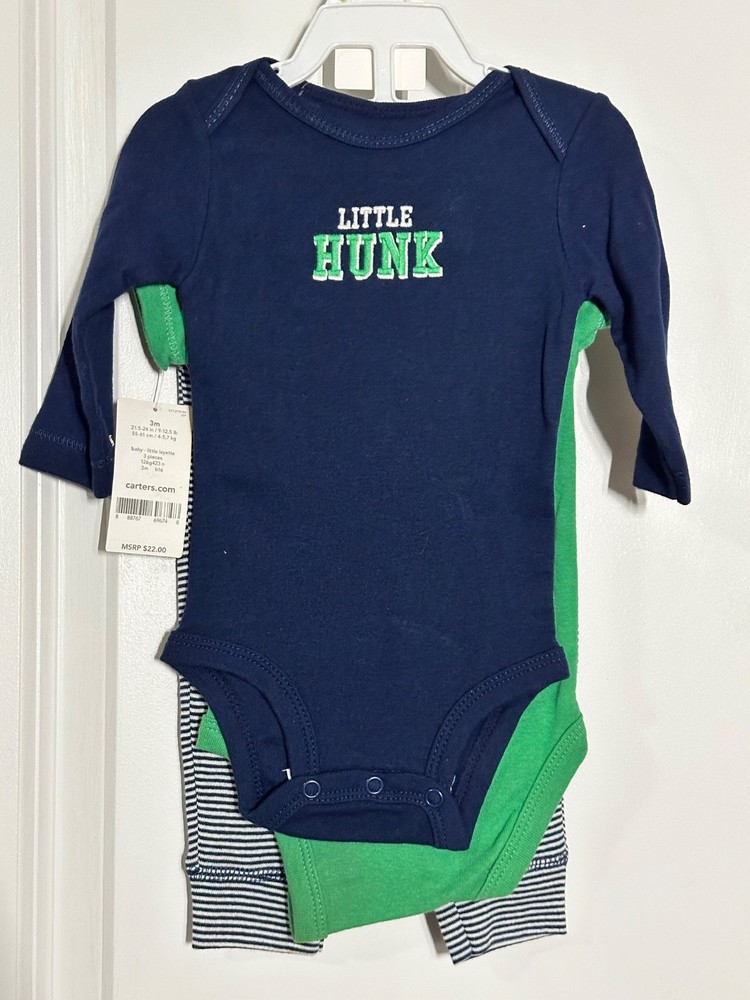 Carter’s Baby Boy 3pc Layette Set 3 Months NWT Little Hunk Navy Green Striped