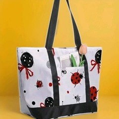 Lovely Ladybug Print Multipurpose Bag , Zippered, Outside Pocket,