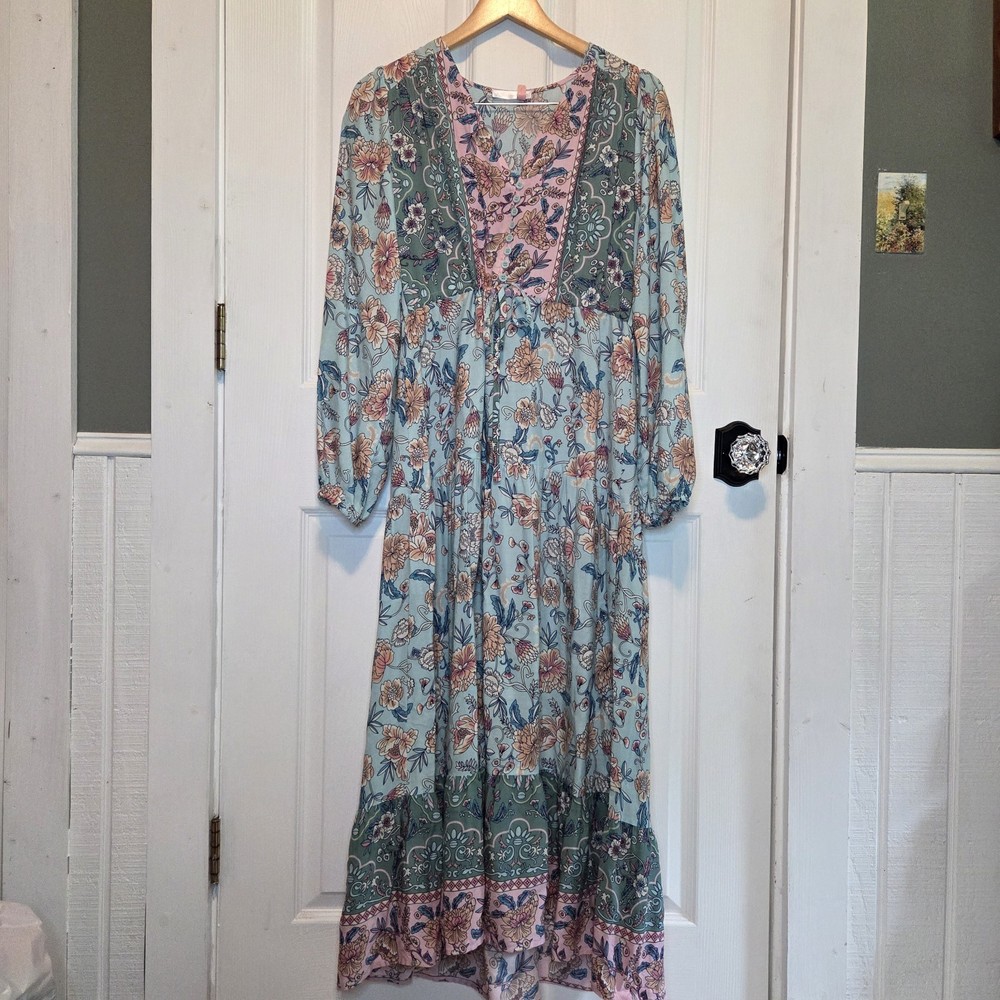 R Vivimos Maxi Dress Floral Print Tiered Patchwork Peasant Boho Flowy Prairie M