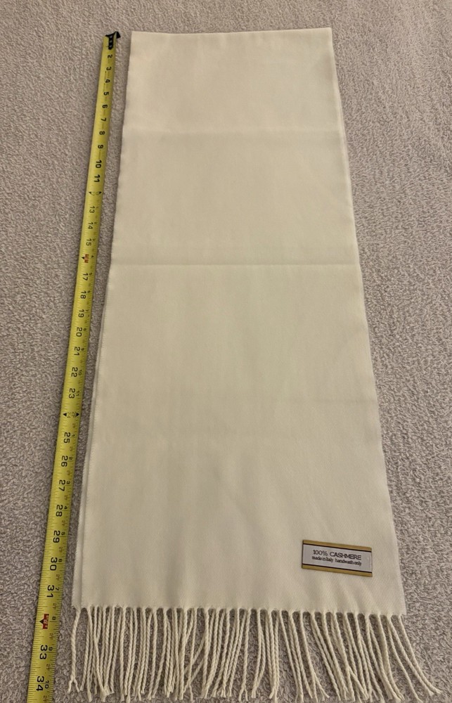 Cashmere Ivory Italian Fringe Rectangle Scarf 70x12in Solid Hand Wash Only